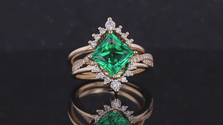 8x8mm, 2.20ct Princess Lab-Grown Colombian Emerald with Twisted-Pavé Band Ring with Two Stacking Diamond Rings in 14K Yellow Gold