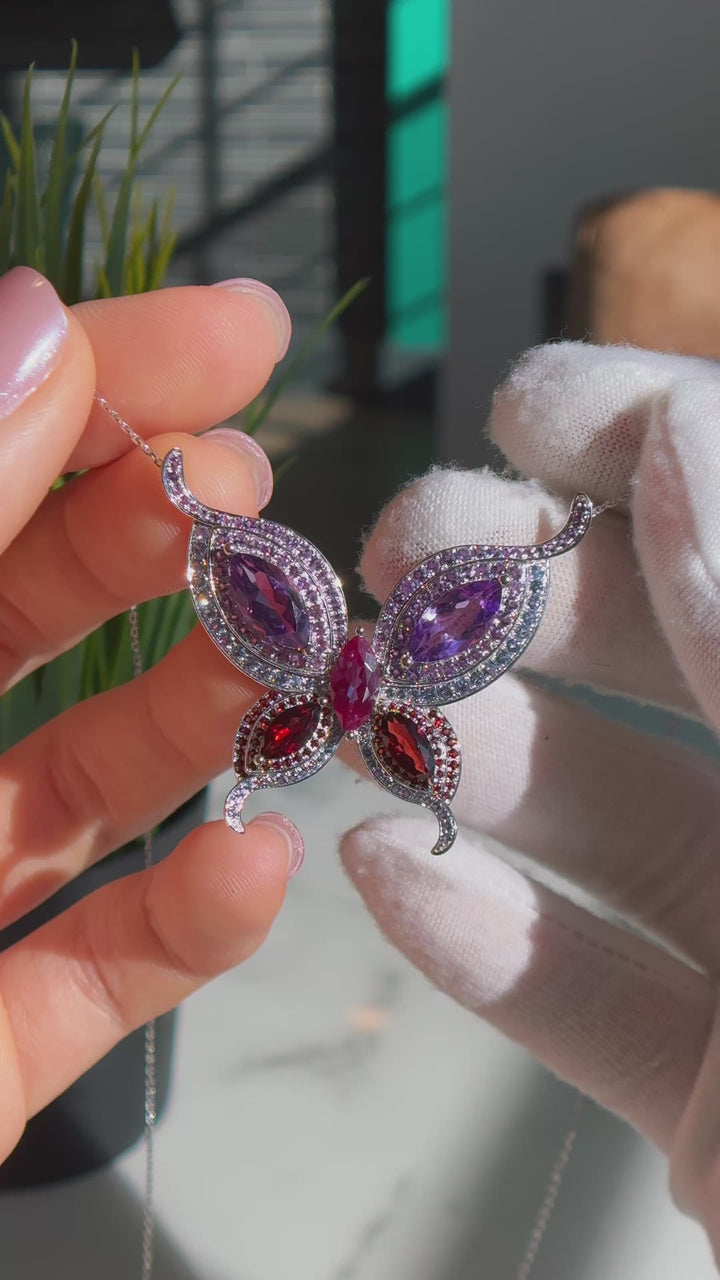 Customized™ Amethyst, Alexandrite, and Garnet Butterfly Pendant in White Gold