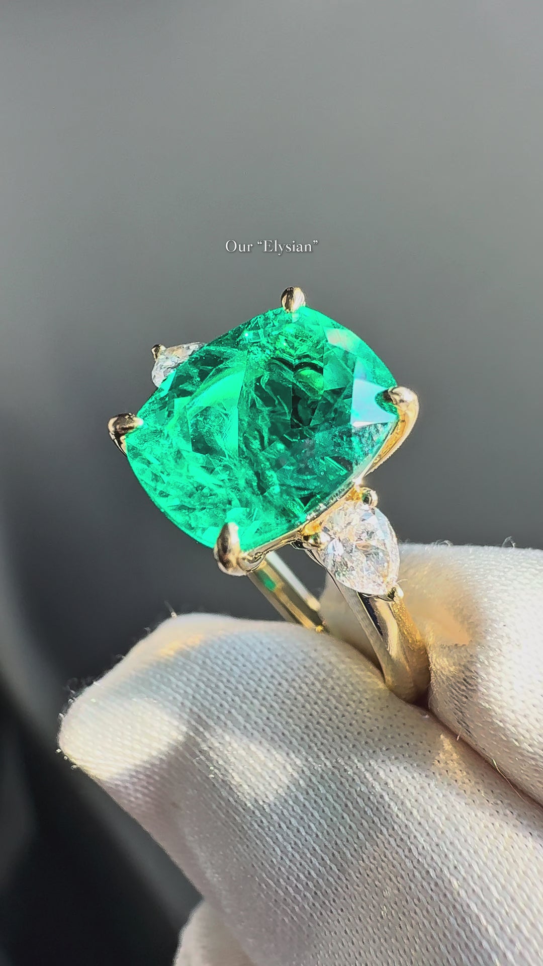 The Elysian — Cushion Three-Stone Emerald Ring