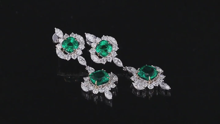 7mm, 1.50ct and 5mm, 0.75ct Cushion Lab-Grown Colombian Emerald with Moissanite Accents Dangle Earrings in 14K White Gold