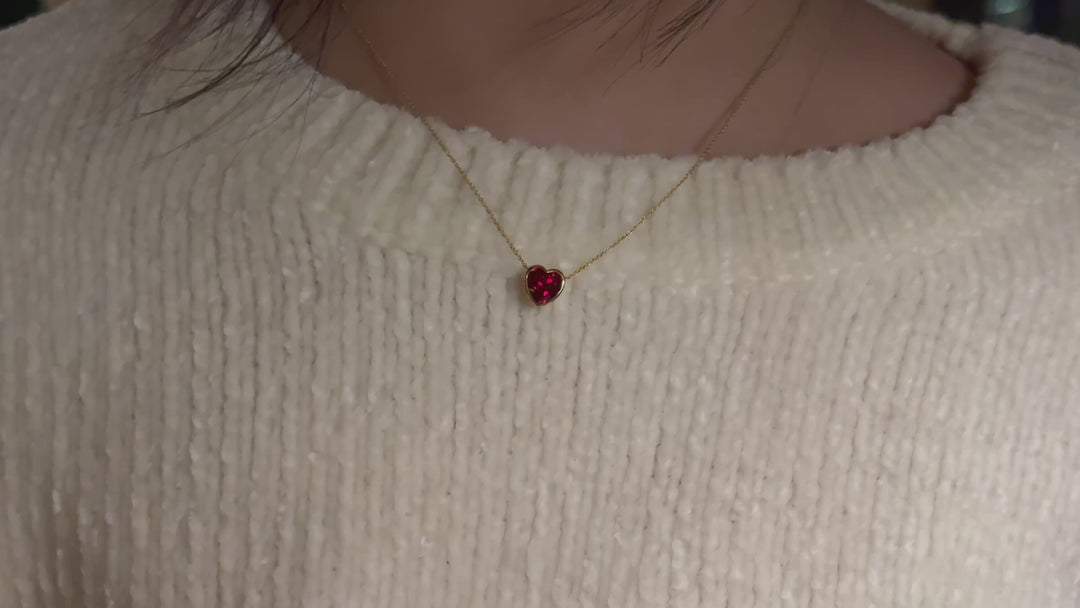 Bezel-Set Heart Lab Ruby Pendant — 2.50ct in 14K yellow gold — worn on the neck [ld m=y shot=wear]