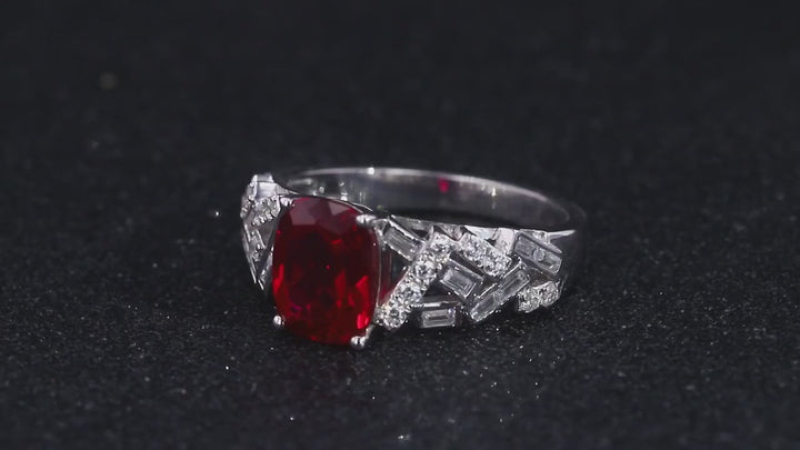 7x9mm, 2.75ct Cushion Lab-Grown Ruby Ring with Diamond Accent Band in 14K White Gold