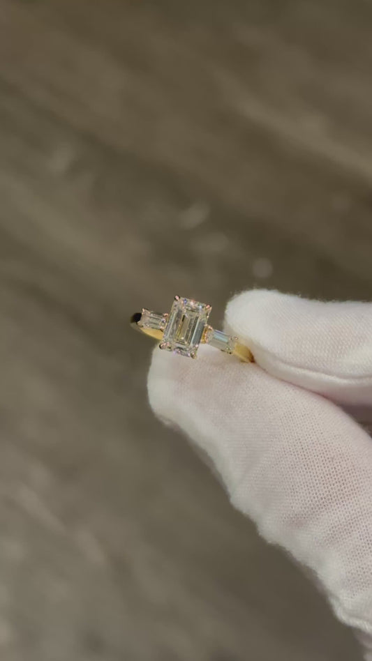 Customized 2ct Diamond Ring with Baguette Side Stones in 14K Solid Yellow Gold