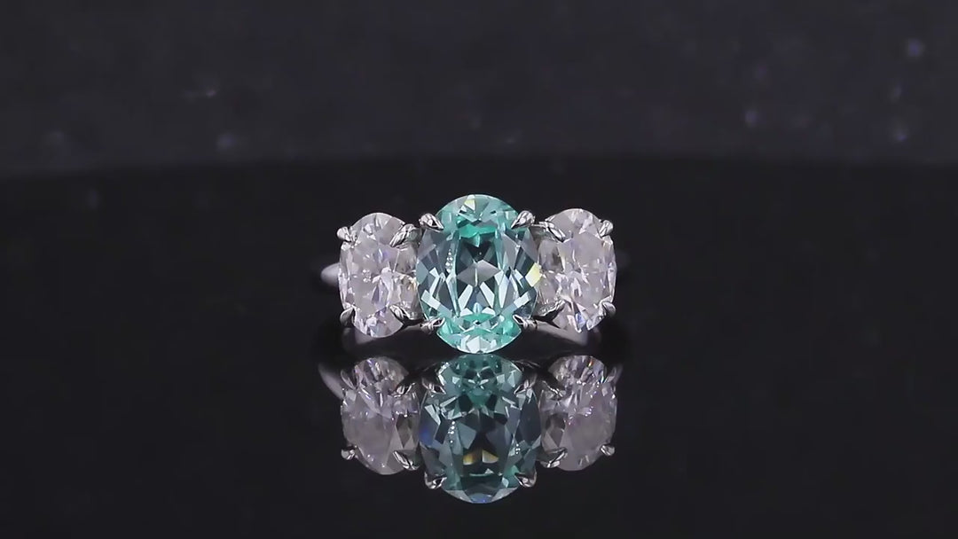 7*9mm Oval Cut Paraiba Moissanite Three Stone Ring in 14K Solid White Gold