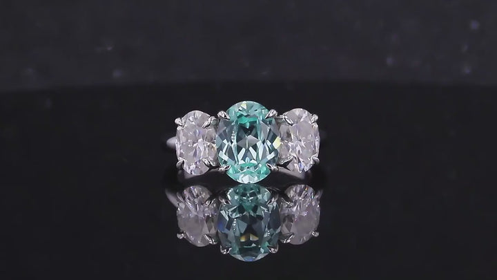7*9mm Oval Cut Paraiba Moissanite Three Stone Ring in 14K Solid White Gold