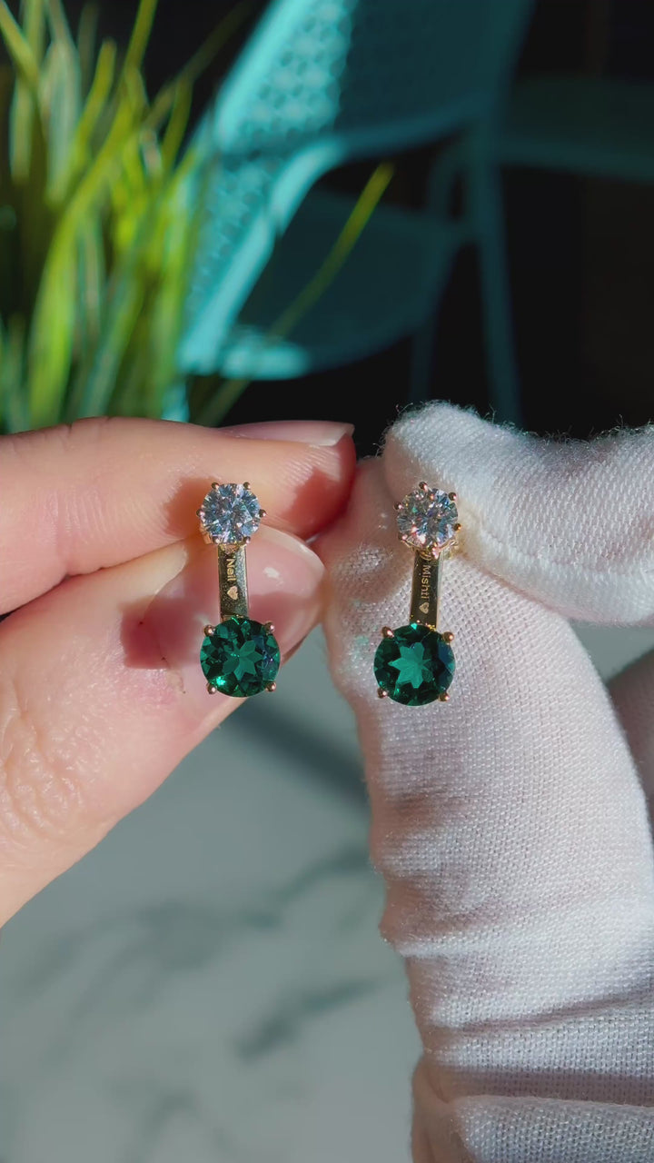 Customized™ 1.20ct Round Zambian Emerald with 0.50ct Round Diamond "Stone-on-Stone" Earrings in Yellow Gold