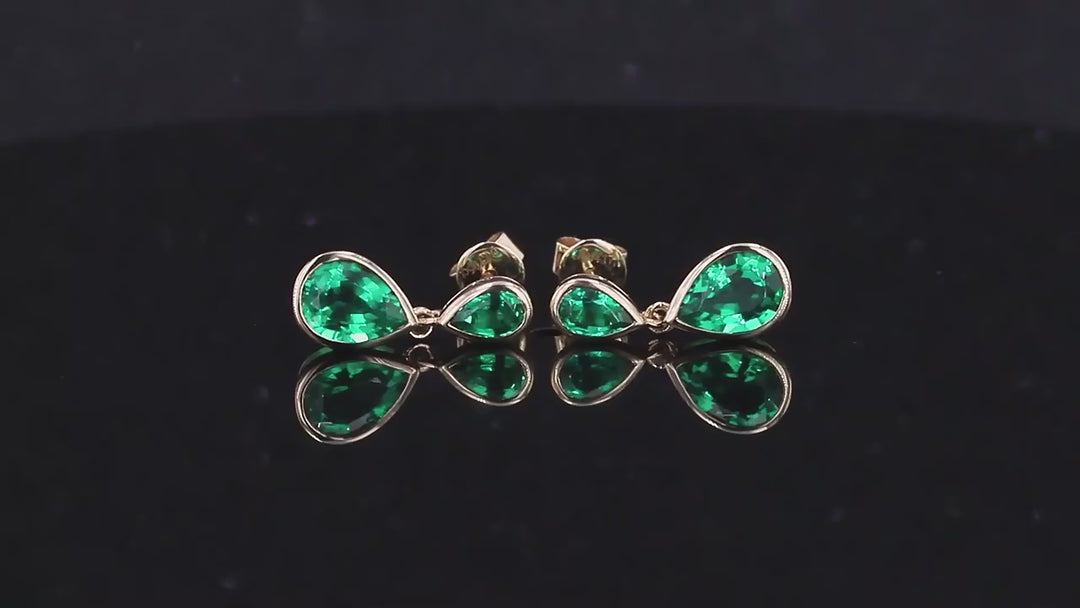 3x5mm and 1.5x3mm, 2.00ctw Pear Lab-Grown Colombian Emerald Dangle Earrings in 14K Yellow Gold