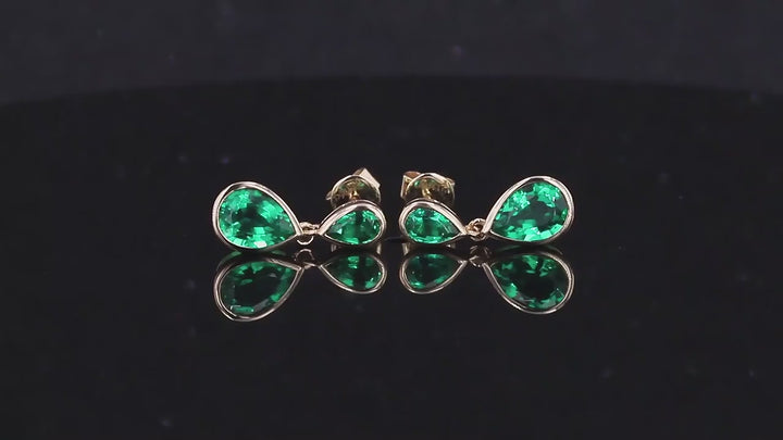3x5mm and 1.5x3mm, 2.00ctw Pear Lab-Grown Colombian Emerald Dangle Earrings in 14K Yellow Gold