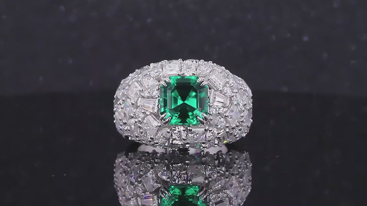 8.5x8.5mm, 3.00ct Asscher Cut Zambian Emerald with All-Cut Diamond on Band Ring in 18K White Gold