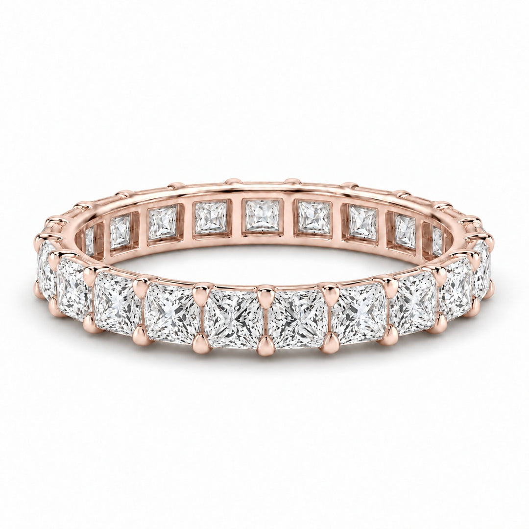 Princess lab-grown diamond eternity band, 2.5mm, 14K rose gold, angled view
