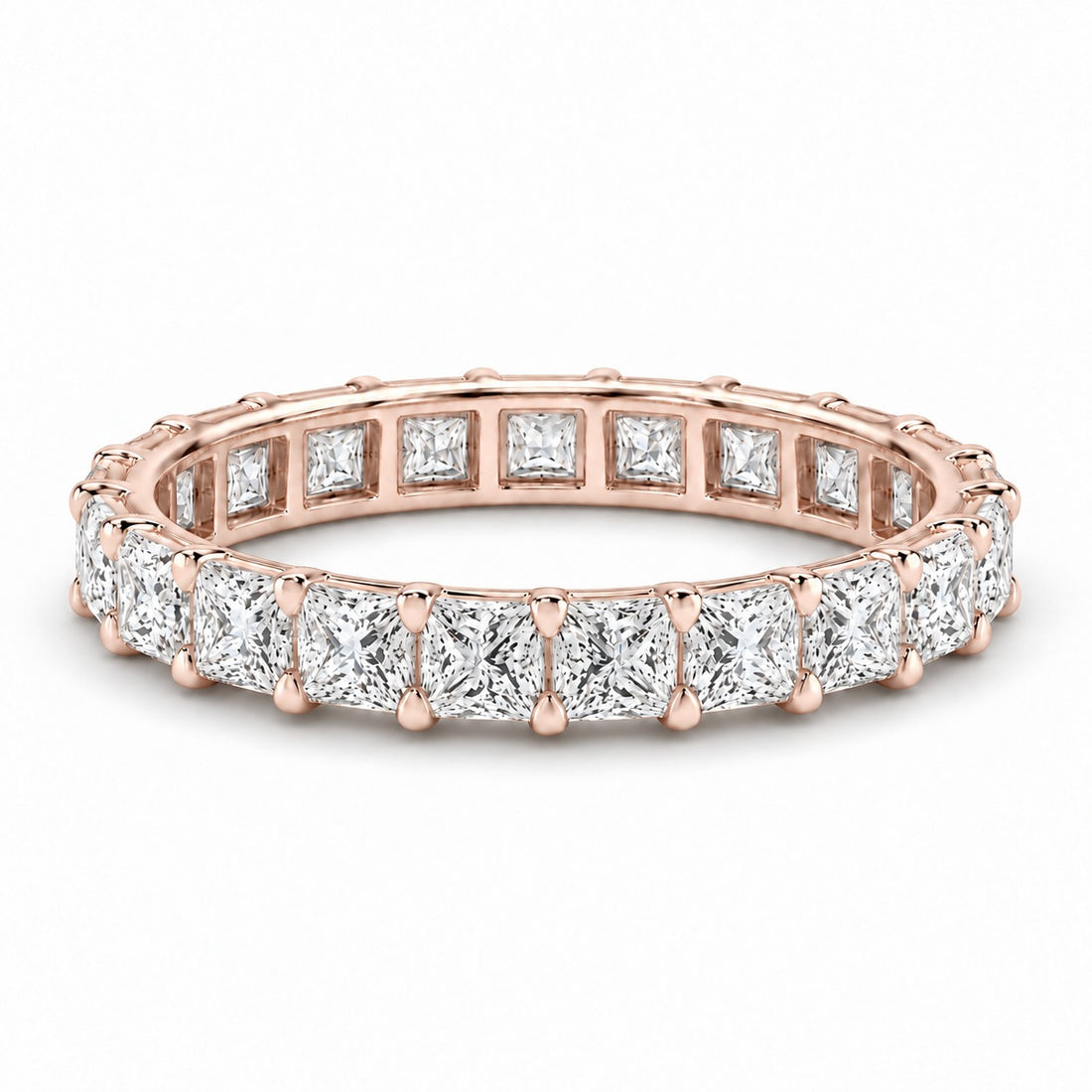 Princess lab-grown diamond eternity band, 2.5mm, 14K rose gold, angled view