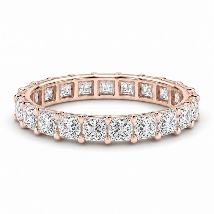Princess lab-grown diamond eternity band, 2.5mm, 14K rose gold, angled view