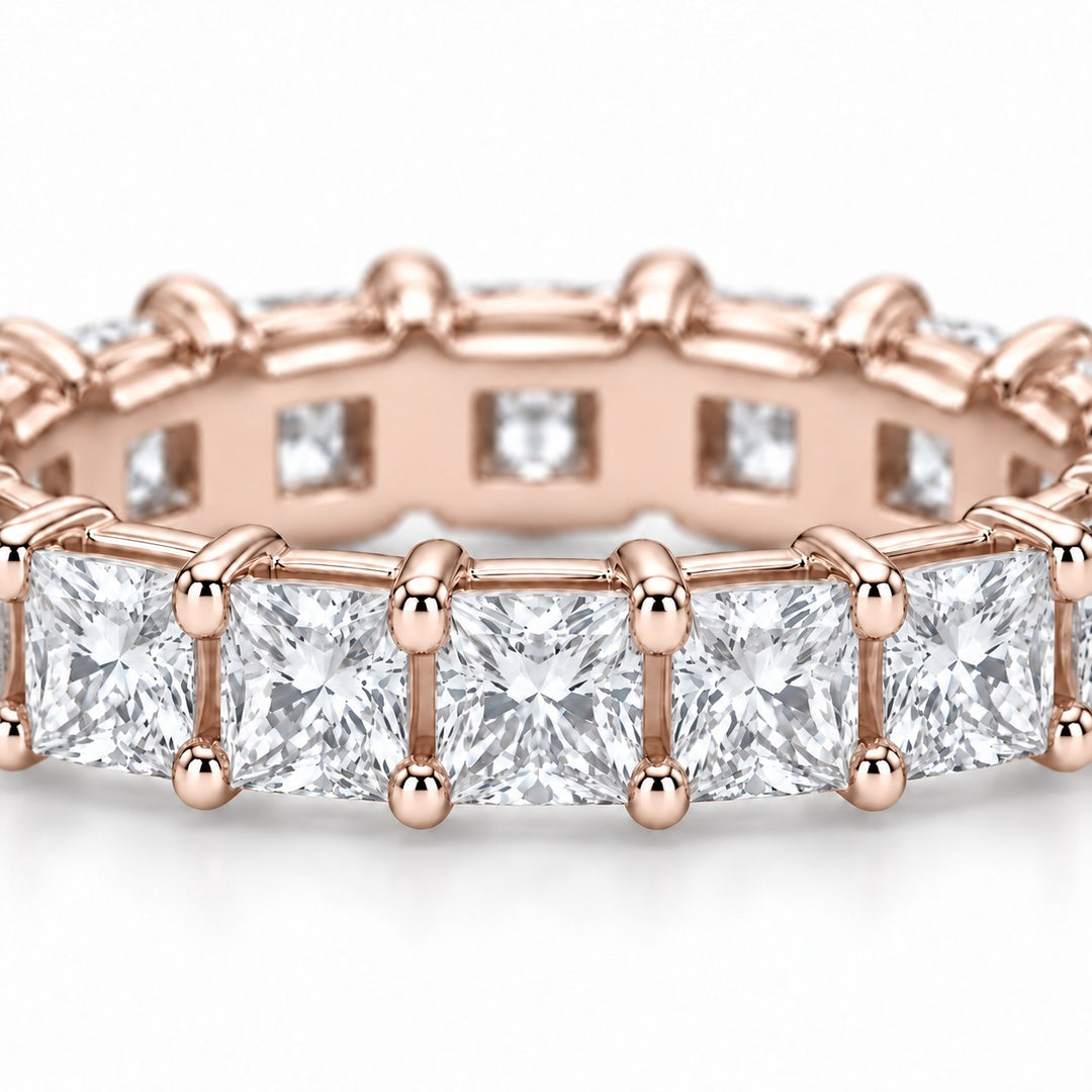 Princess lab-grown diamond eternity band, 2.5mm, 14K rose gold, close-up of the stones