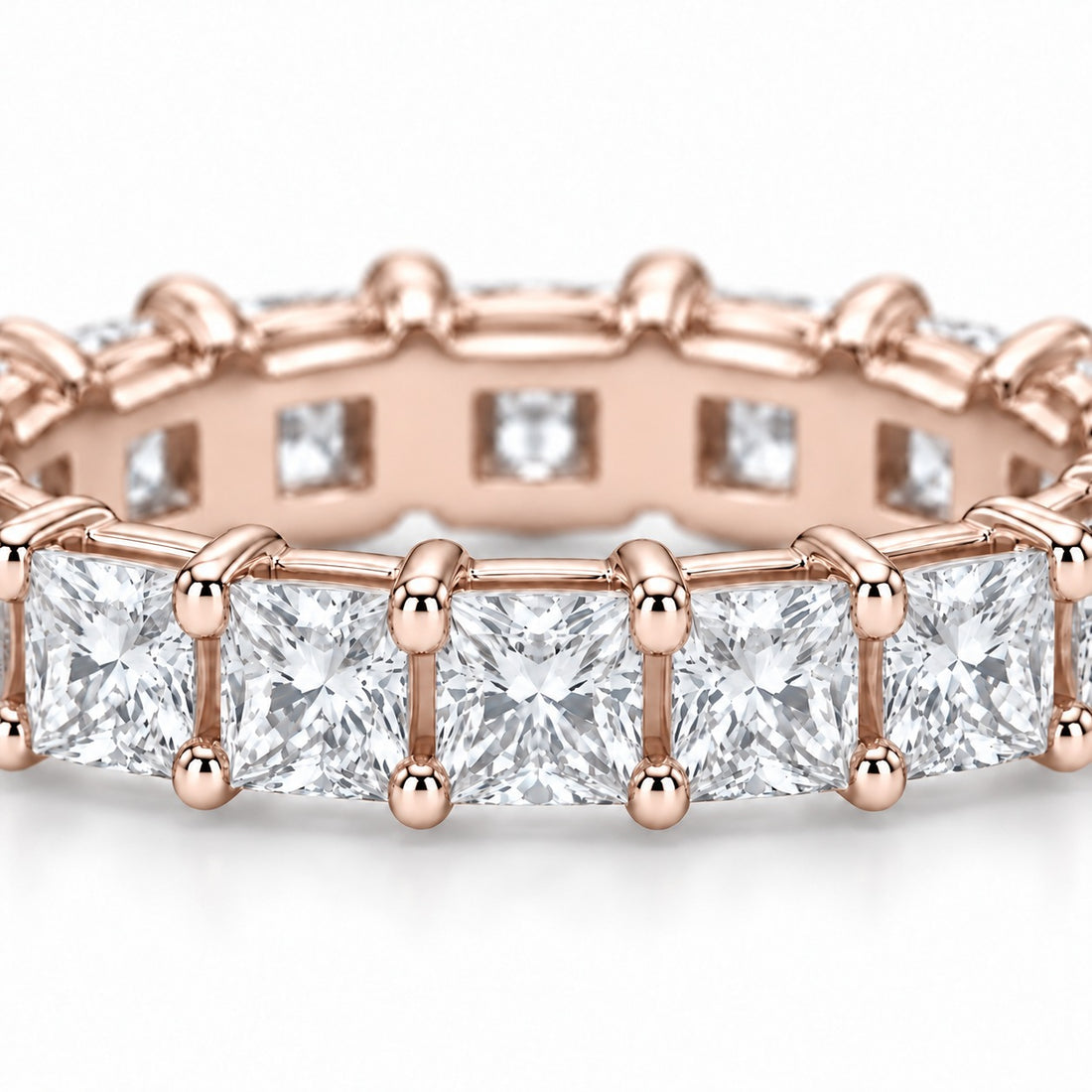 Princess lab-grown diamond eternity band, 2.5mm, 14K rose gold, close-up of the stones