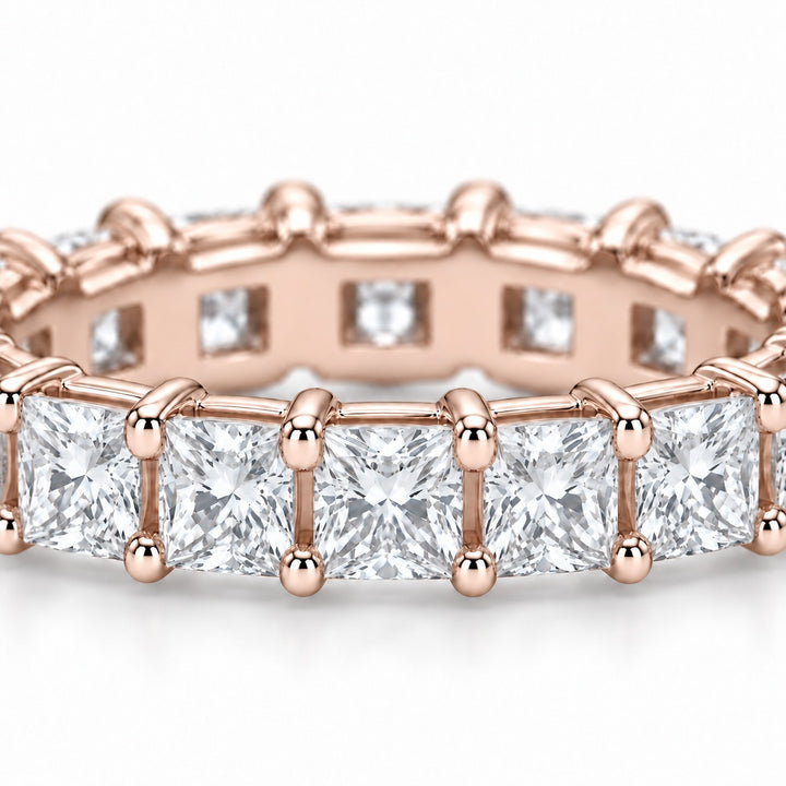 Princess lab-grown diamond eternity band, 2.5mm, 14K rose gold, close-up of the stones