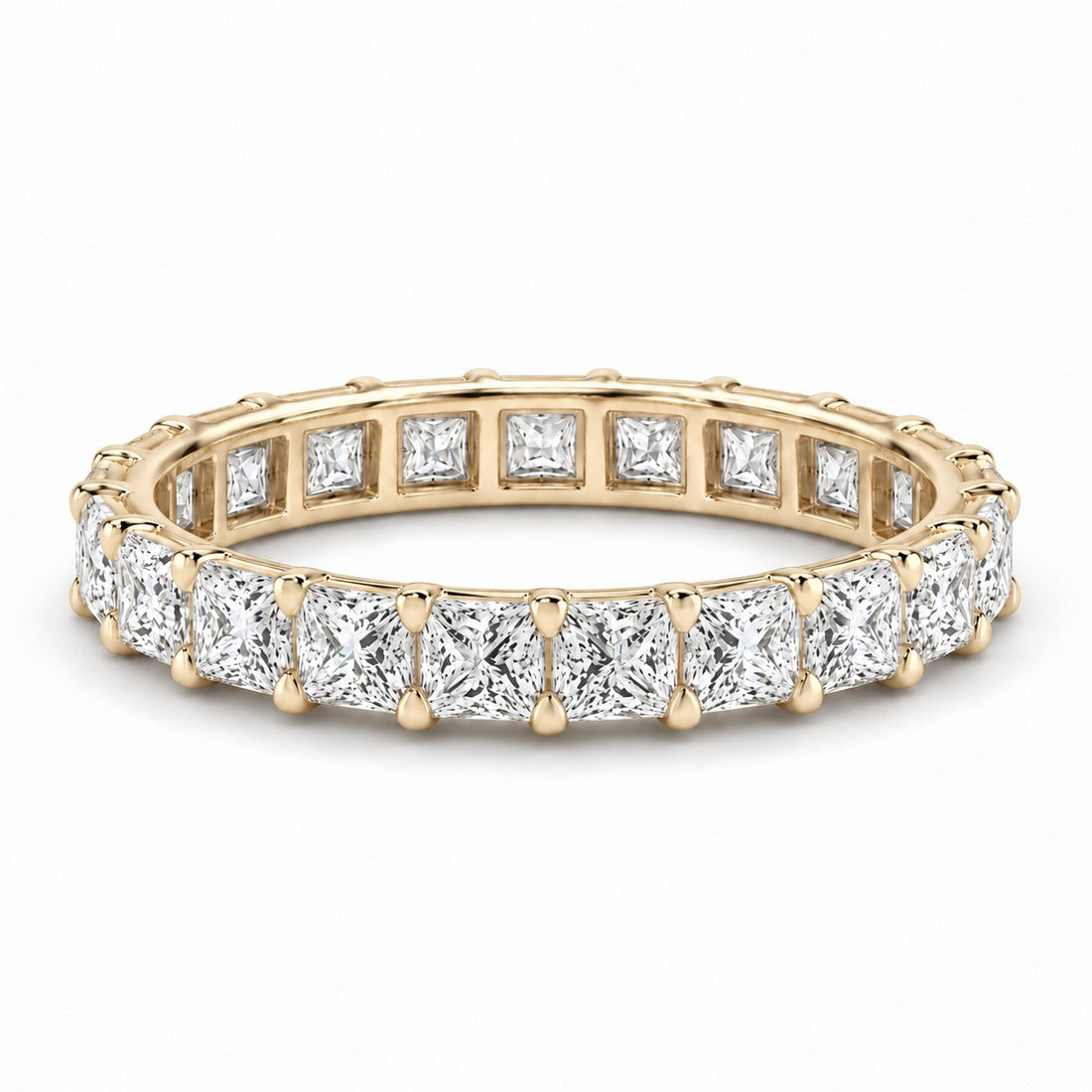 Princess lab-grown diamond eternity band, 2.5mm, 14K yellow gold, angled view