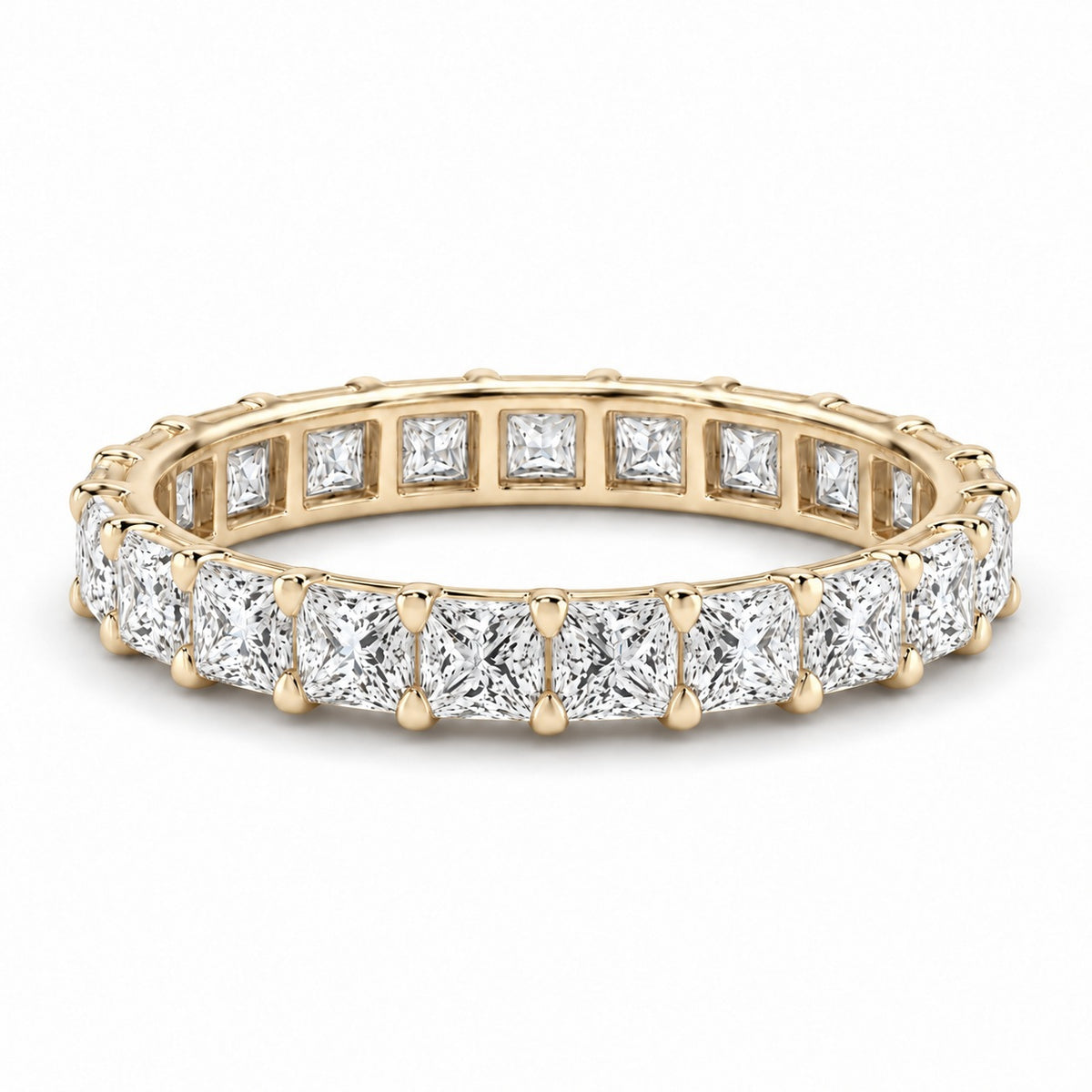Princess lab-grown diamond eternity band, 2.5mm, 14K yellow gold, angled view
