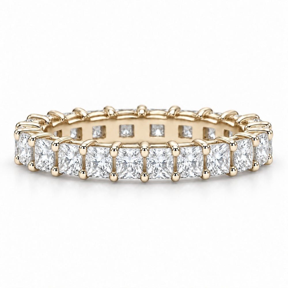 Princess lab-grown diamond eternity band, 2.5mm, 14K yellow gold, front view