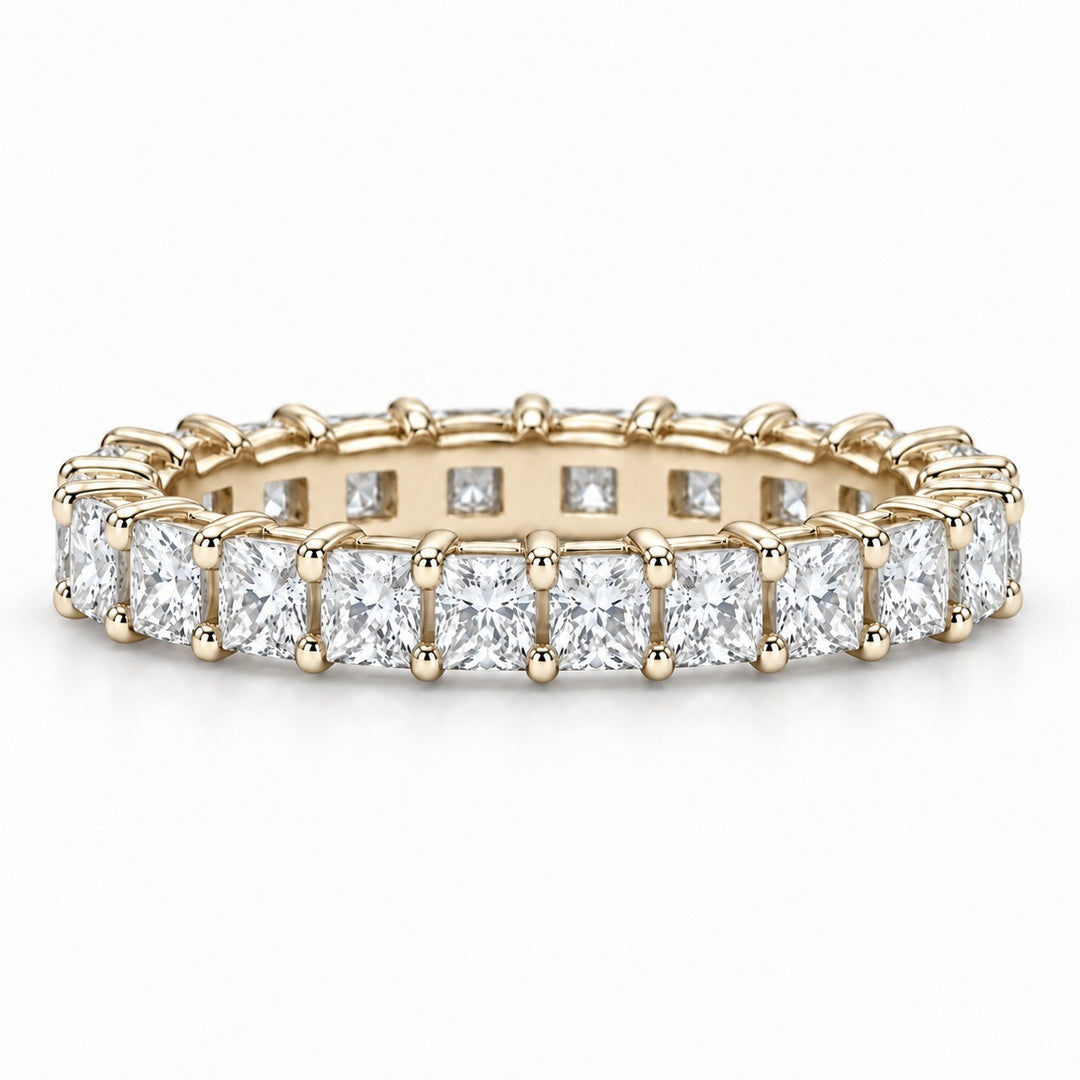 Princess lab-grown diamond eternity band, 2.5mm, 14K yellow gold, front view