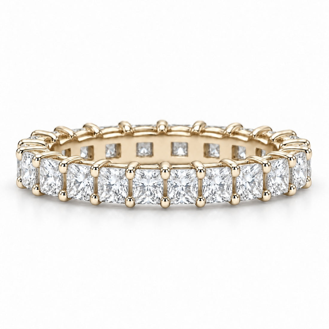 Princess lab-grown diamond eternity band, 2.5mm, 14K yellow gold, front view