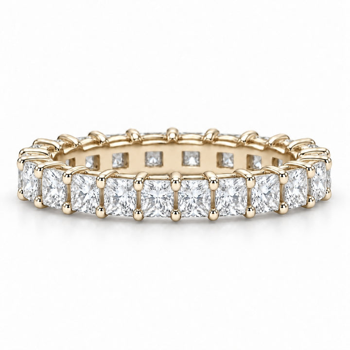 Princess lab-grown diamond eternity band, 2.5mm, 14K yellow gold, front view