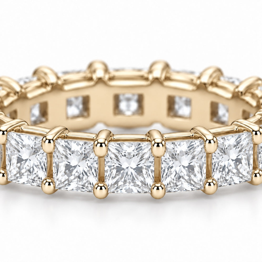 Princess lab-grown diamond eternity band, 2.5mm, 14K yellow gold, close-up of the stones