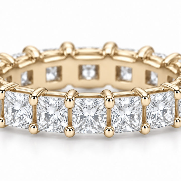 Princess lab-grown diamond eternity band, 2.5mm, 14K yellow gold, close-up of the stones
