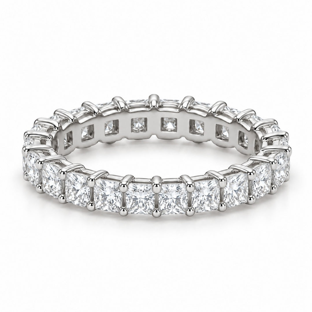 Princess lab-grown diamond eternity band, 2.5mm, 14K white gold, angled view