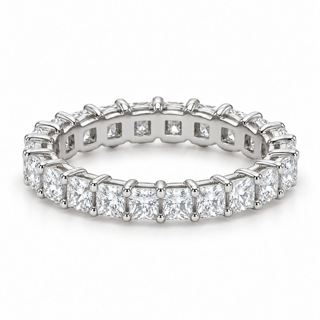 Princess lab-grown diamond eternity band, 2.5mm, 14K white gold, angled view