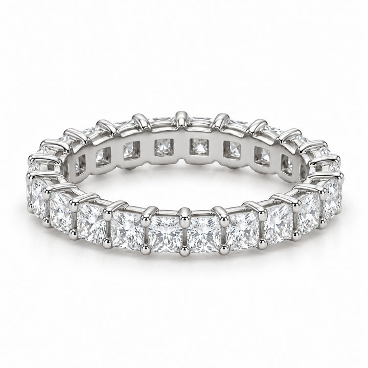 Princess lab-grown diamond eternity band, 2.5mm, 14K white gold, angled view