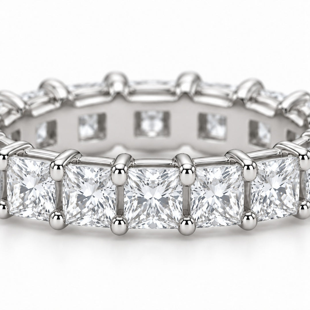 Princess lab-grown diamond eternity band, 2.5mm, 14K white gold, close-up of the stones