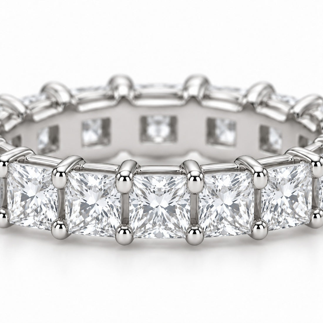 Princess lab-grown diamond eternity band, 2.5mm, 14K white gold, close-up of the stones