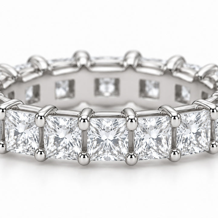 Princess lab-grown diamond eternity band, 2.5mm, 14K white gold, close-up of the stones