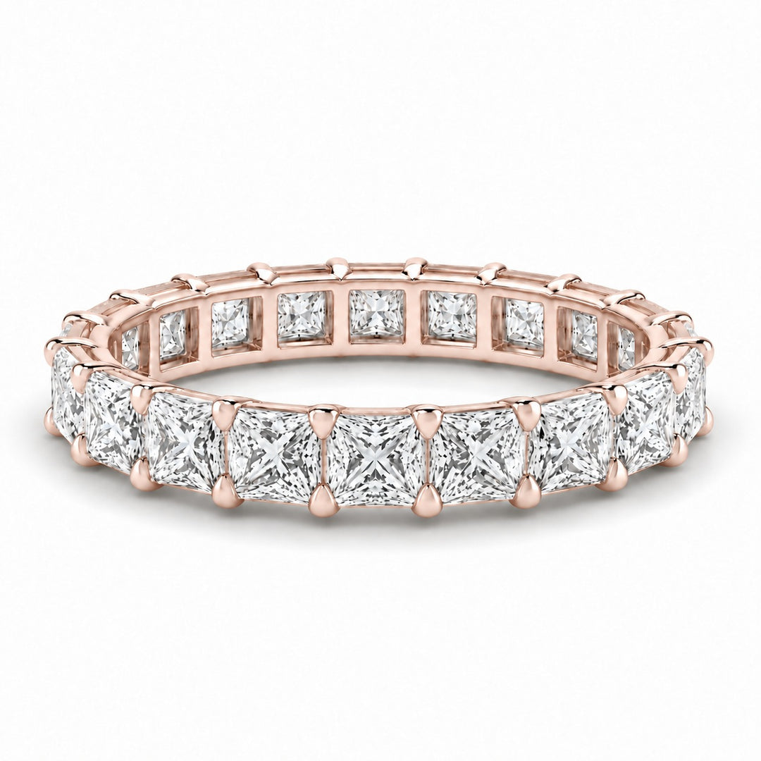Princess lab-grown diamond eternity band, 3.0mm, 14K rose gold, angled view
