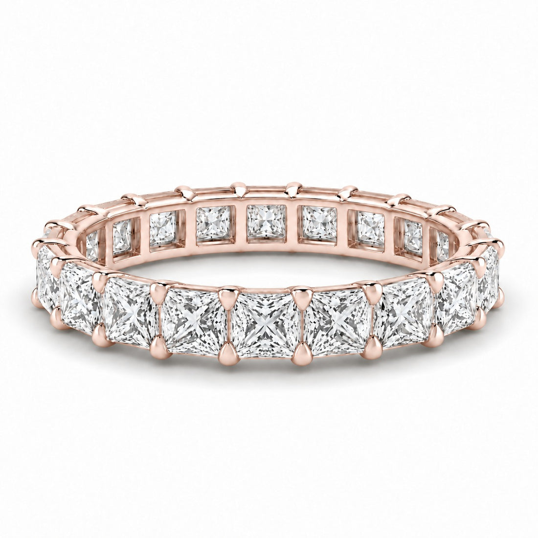Princess lab-grown diamond eternity band, 3.0mm, 14K rose gold, angled view