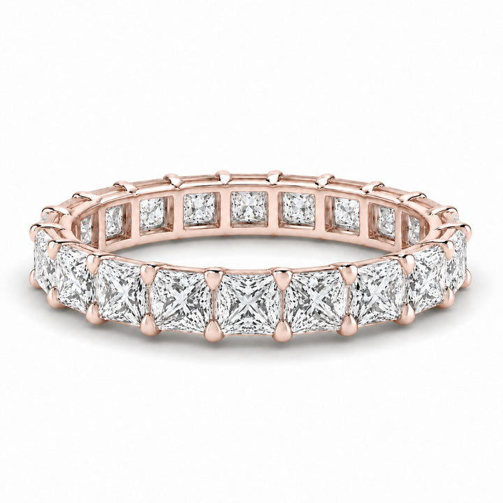 Princess lab-grown diamond eternity band, 3.0mm, 14K rose gold, angled view