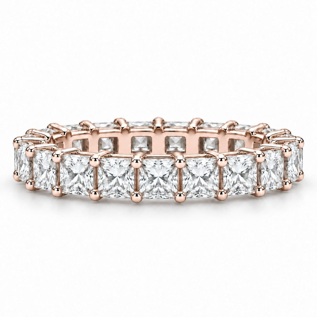Princess lab-grown diamond eternity band, 3.0mm, 14K rose gold, front view