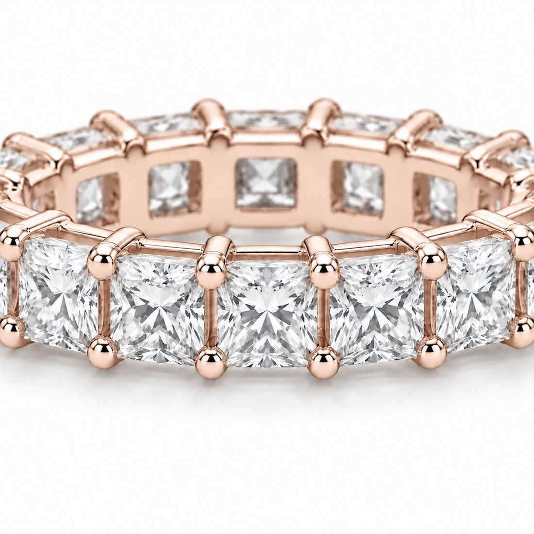 Princess lab-grown diamond eternity band, 3.0mm, 14K rose gold, close-up of the stones
