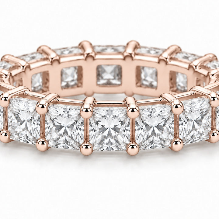Princess lab-grown diamond eternity band, 3.0mm, 14K rose gold, close-up of the stones