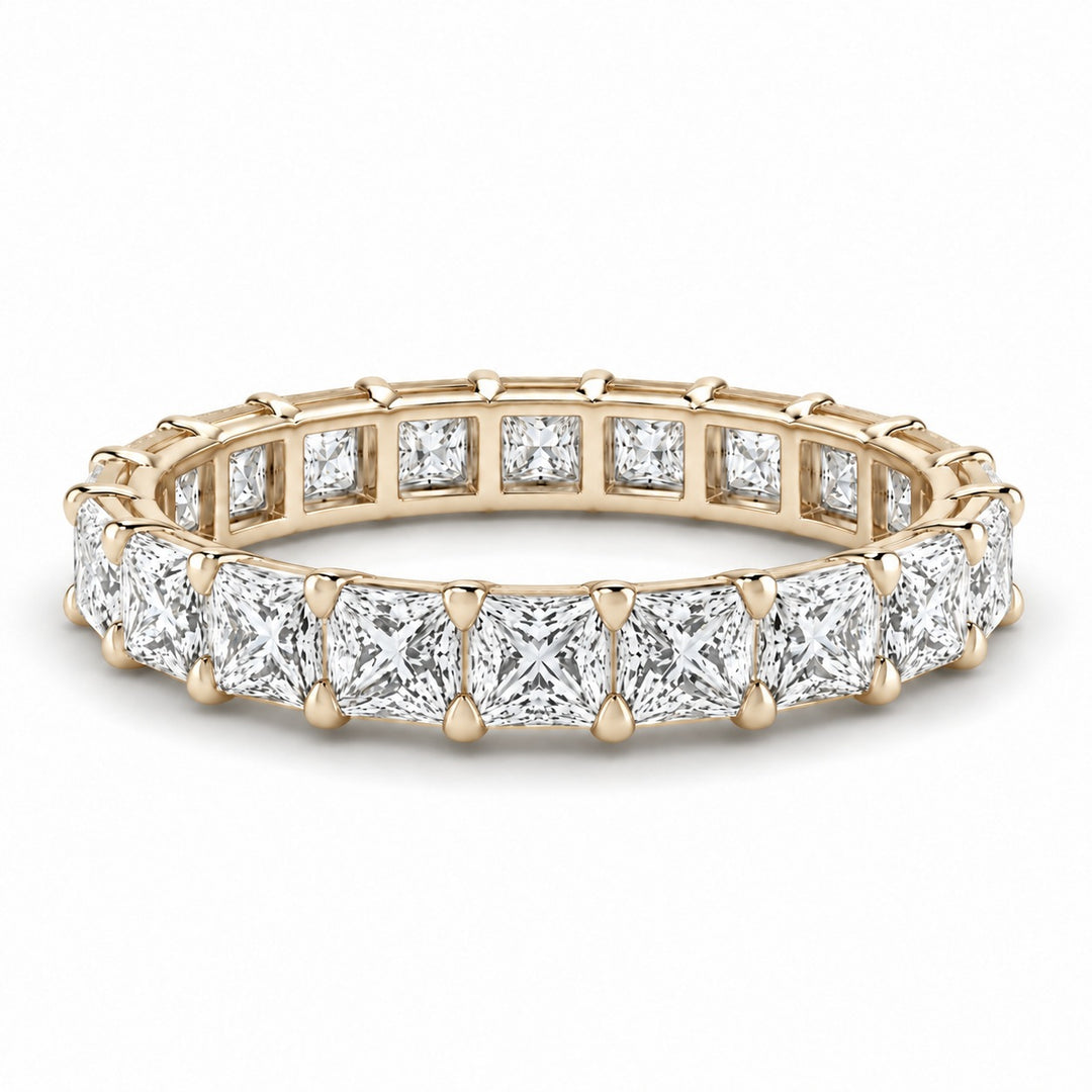 Princess lab-grown diamond eternity band, 3.0mm, 14K yellow gold, angled view