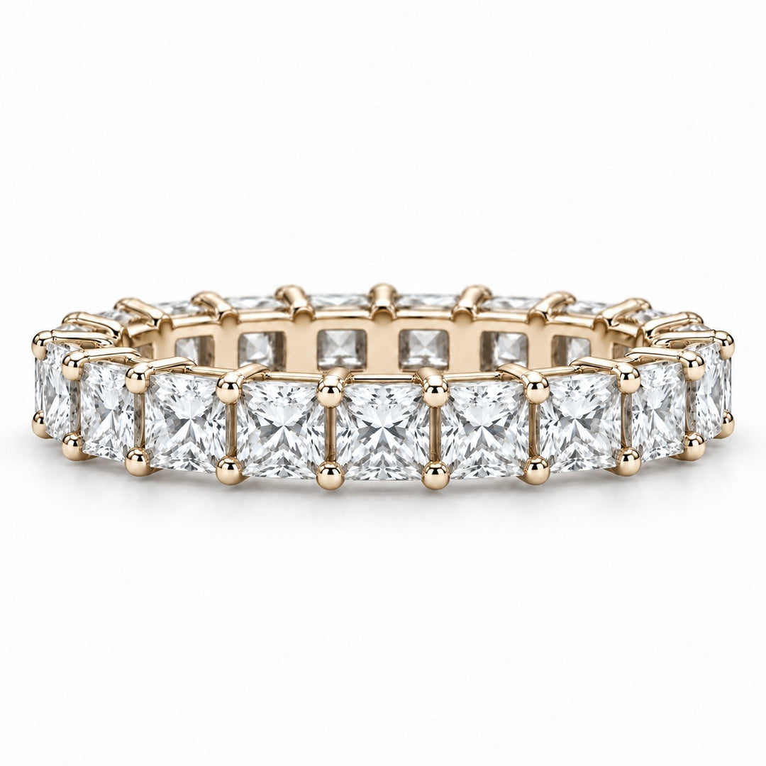 Princess lab-grown diamond eternity band, 3.0mm, 14K yellow gold, front view