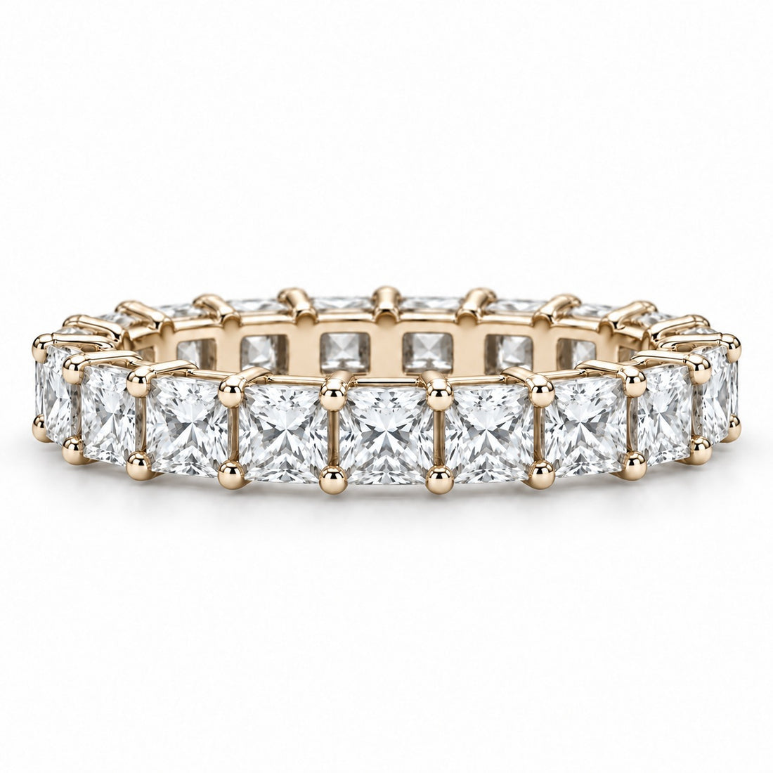 Princess lab-grown diamond eternity band, 3.0mm, 14K yellow gold, front view