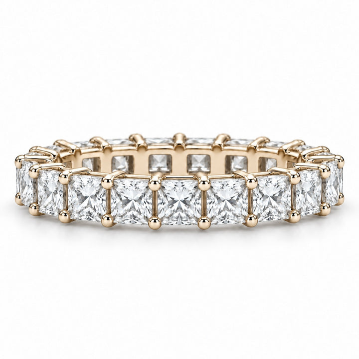 Princess lab-grown diamond eternity band, 3.0mm, 14K yellow gold, front view