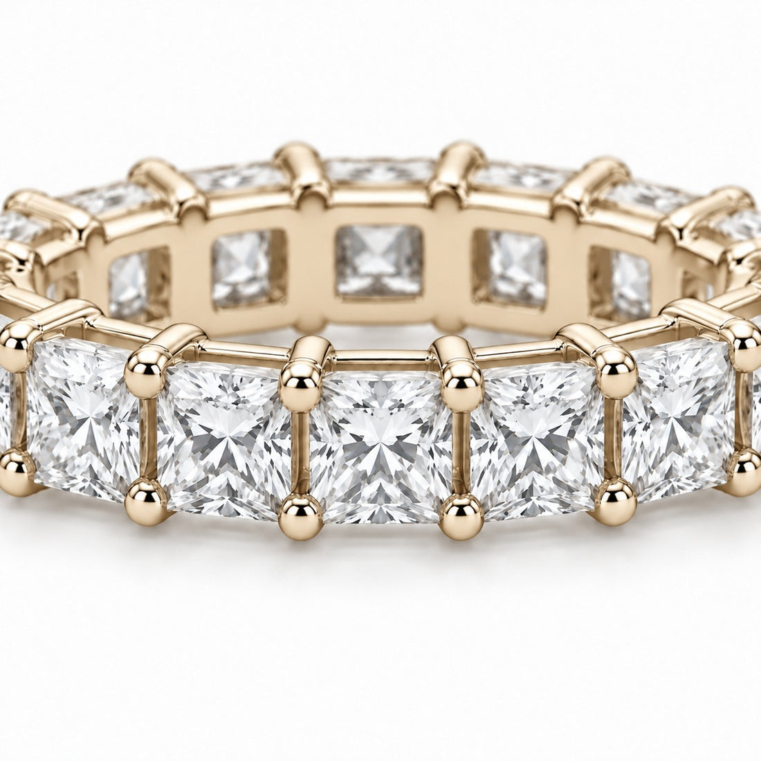 Princess lab-grown diamond eternity band, 3.0mm, 14K yellow gold, close-up of the stones