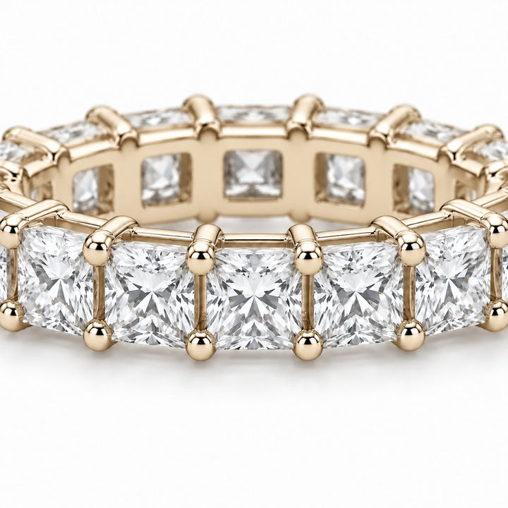 Princess lab-grown diamond eternity band, 3.0mm, 14K yellow gold, close-up of the stones