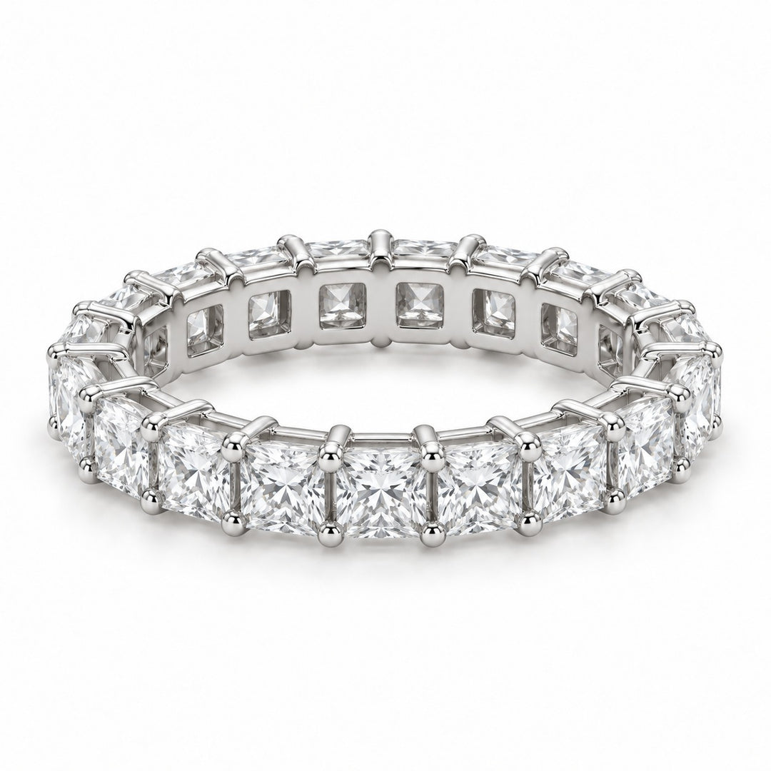 Princess lab-grown diamond eternity band, 3.0mm, 14K white gold, angled view
