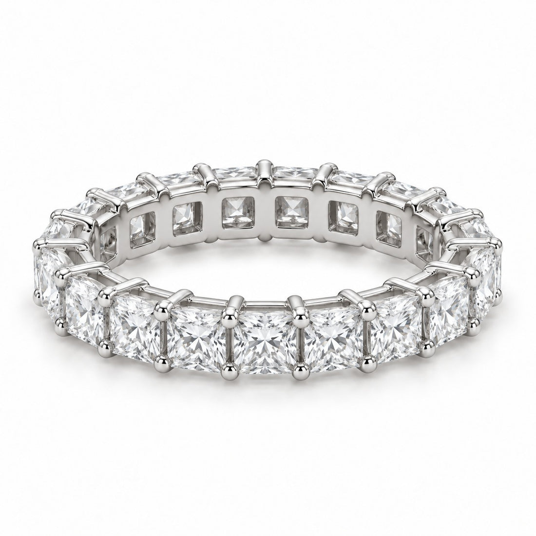 Princess lab-grown diamond eternity band, 3.0mm, 14K white gold, angled view