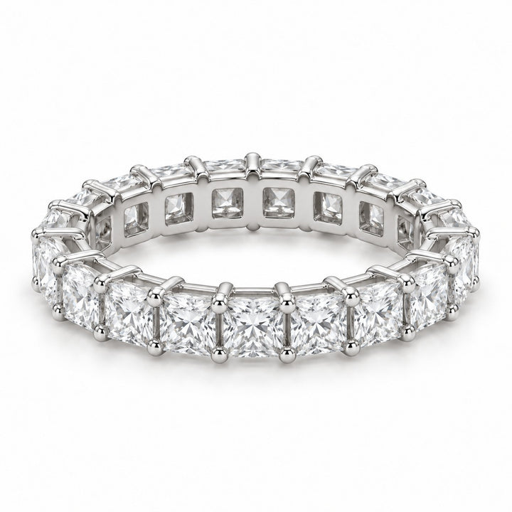 Princess lab-grown diamond eternity band, 3.0mm, 14K white gold, angled view