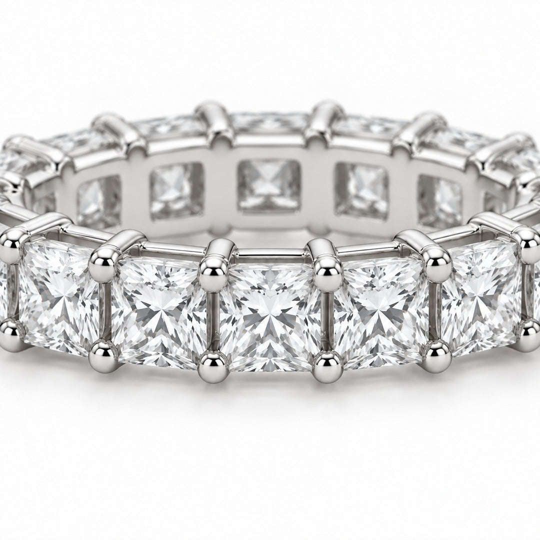 Princess lab-grown diamond eternity band, 3.0mm, 14K white gold, close-up of the stones