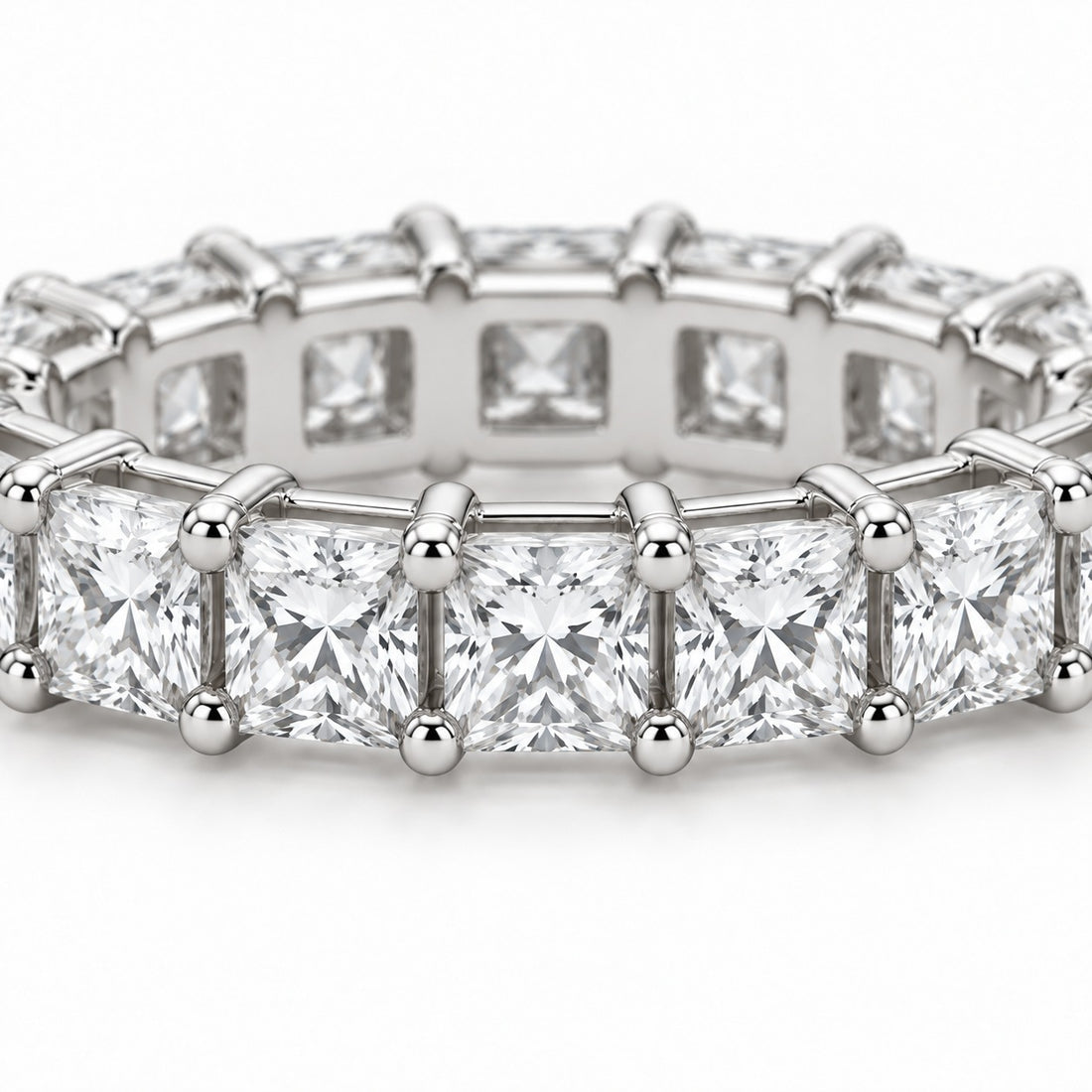 Princess lab-grown diamond eternity band, 3.0mm, 14K white gold, close-up of the stones